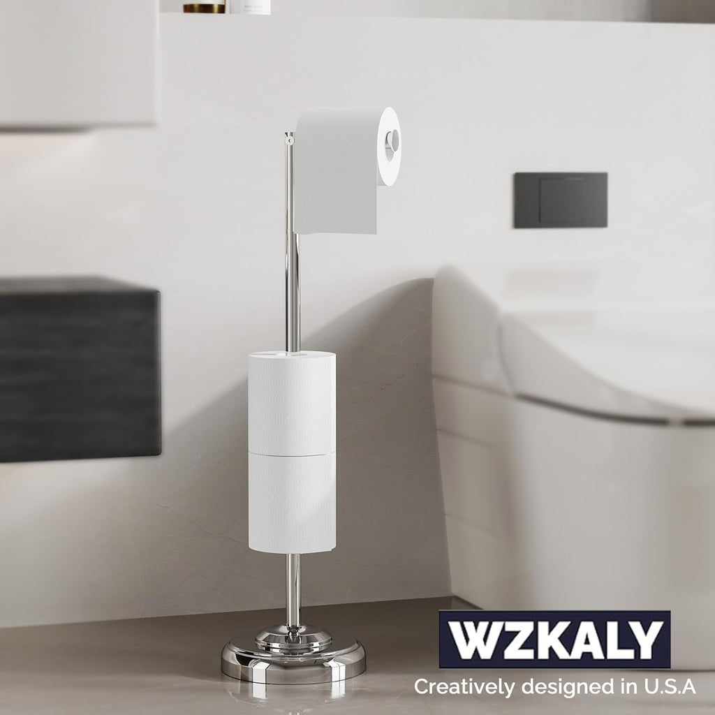 Freestanding Toilet Paper Holder Stand with Storage – Holds 4 Extra Rolls – Chrome Toilet Paper Holder for Bathroom – Sturdy Base, Classic Retro Style, Space-Saving Bathroom Storage Organizer