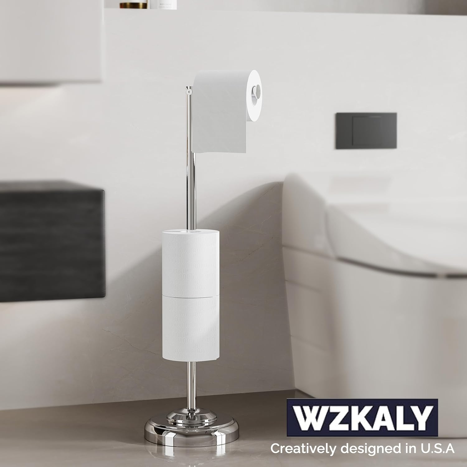 Freestanding Toilet Paper Holder Stand with Storage – Holds 4 Extra Rolls – Chrome Toilet Paper Holder for Bathroom – Sturdy Base, Classic Retro Style, Space-Saving Bathroom Storage Organizer