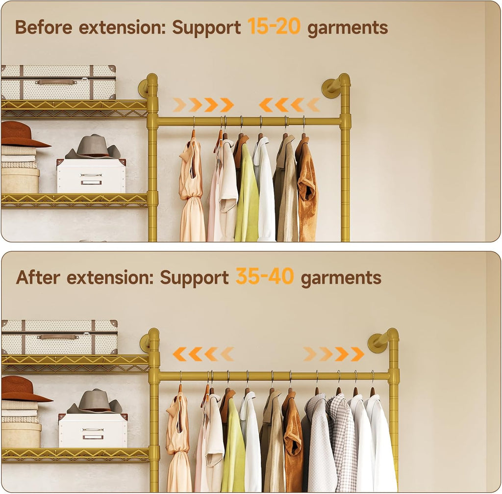 ONBRILL H3 Wall Mounted Closet System, Expandable Industrial Pipe Clothes Rack Clothing Rack for Hanging Clothes, Heavy Duty Closet Organizers and Storage in Wardrobe Closet, Gold