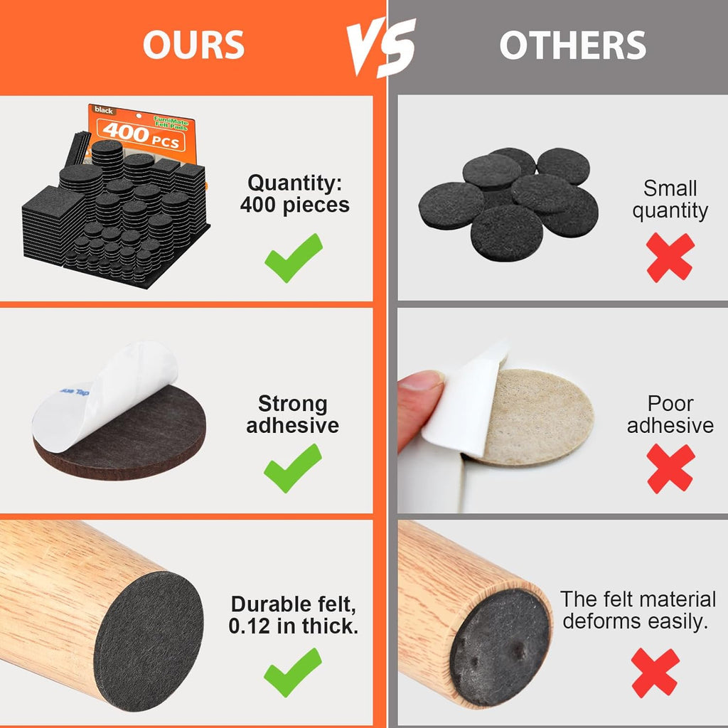 Felt Furniture Pads 400 Pieces, Furniture Pads for Hardwood Floors, Floor Protectors for Furniture Legs, Felt Pads for Furniture, Many Large Sizes Black