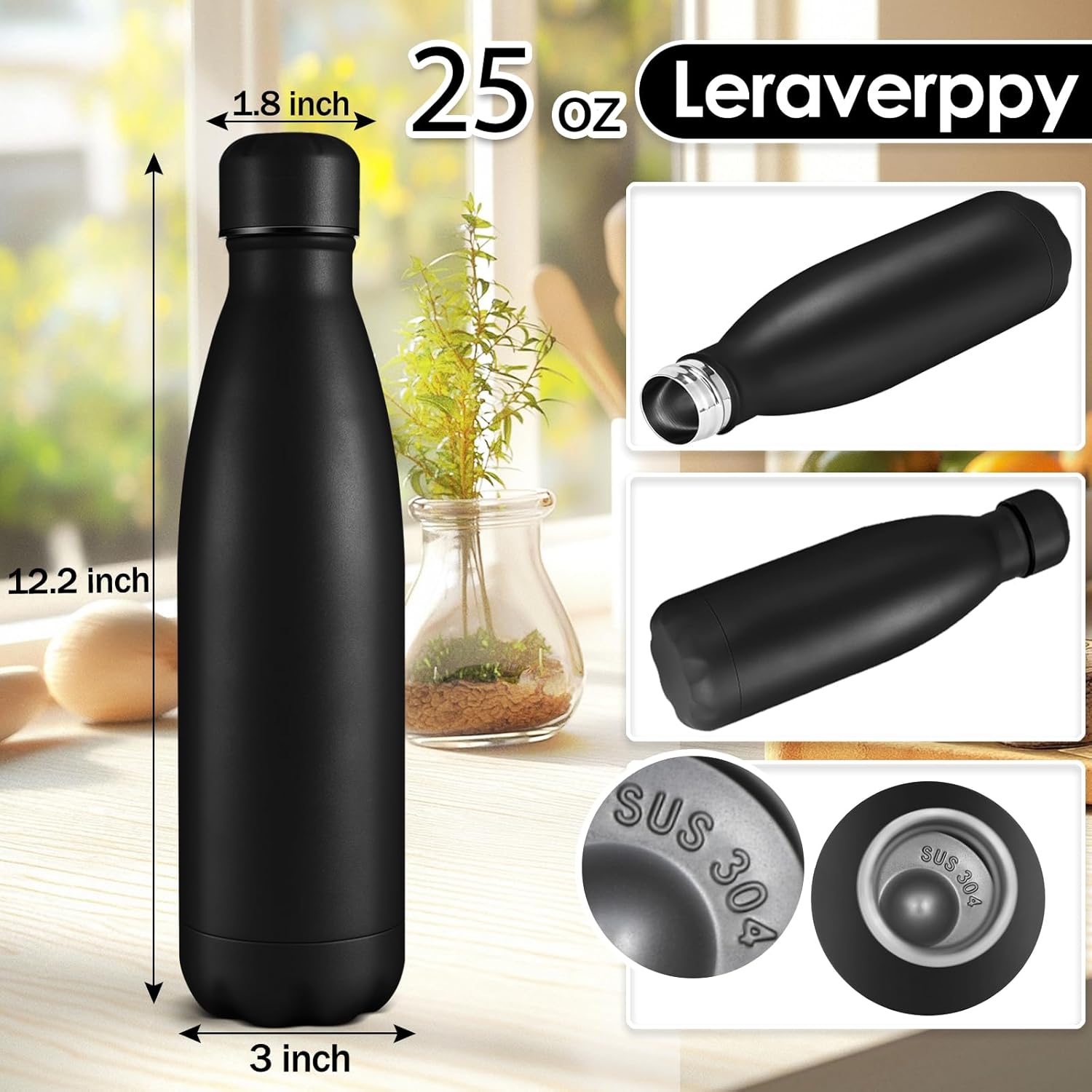 25oz Cola-Bottle Shaped Stainless Steel Leak-proof Water Bottle,Double Wall Vacuum Insulated Metal,Travel Mug For Sports Indoors & Outdoors,BPA-Free School Kids Flasks,Black(4 Pack）