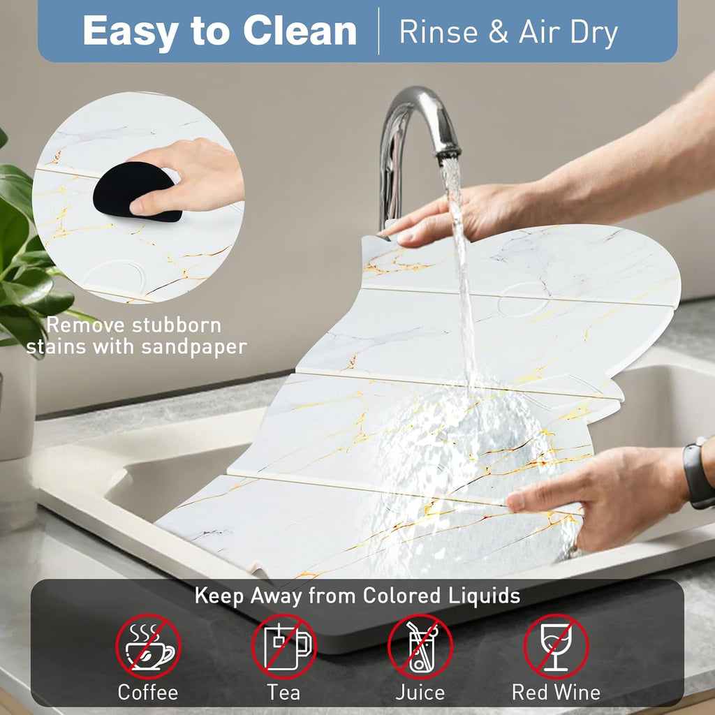 Large Stone Dish Drying Mat for Kitchen Counter,24"(L)×16"(W) Quick Dry Absorbent Diatomaceous Earth Dish Drying Mats,Owl Shape Design Drying Pads for Cups Dishes Bottles (White)