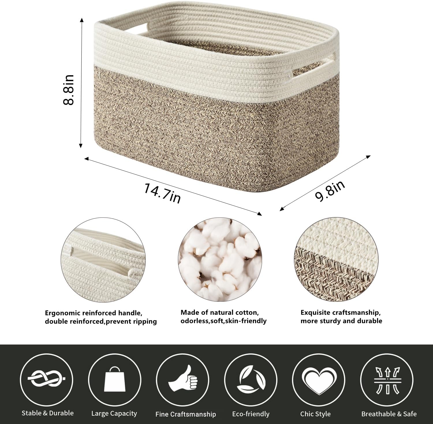 Storage Basket,Woven Baskets for Storage,Cotton Rope Baskets for Organizing,book Basket,towel,Toy Basket or Storage Bins for Living Room - 3 Pack,Brown