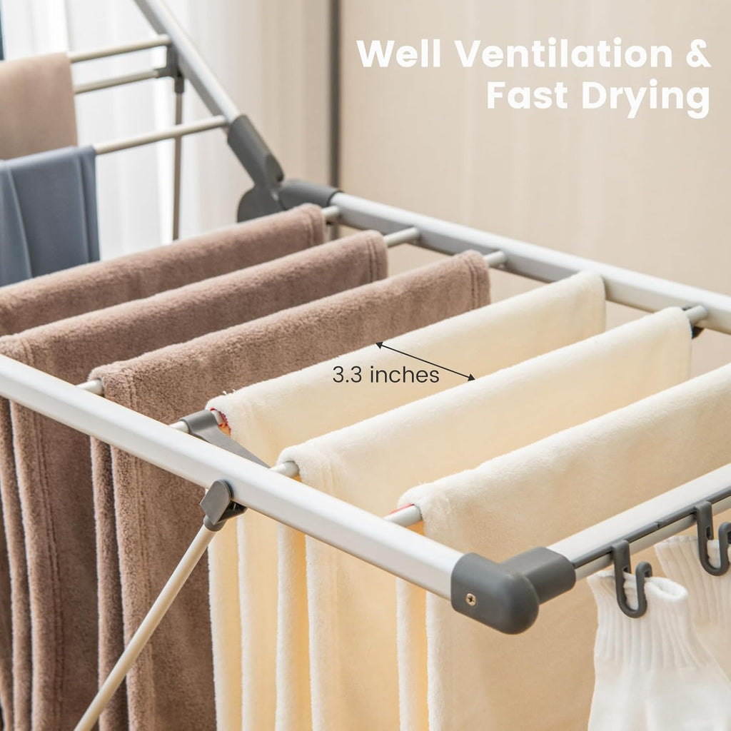 Giantex Clothes Drying Rack, 2-Layer Aluminum Foldable Laundry Drying Rack with 5-Level Adjustable Height, 21 Drying Rails, 10 Side Clips, 4 Shoe Holders, Space Saving Collapsible Laundry Drying Rack
