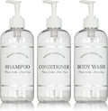 Clear Refillable Shampoo and Conditioner Bottles - Body Wash, Shampoo and Conditioner Dispenser - PET Plastic Shampoo Bottles Refillable with Pump - Waterproof Labels - 16 oz, 3 Pack (White Plastic)