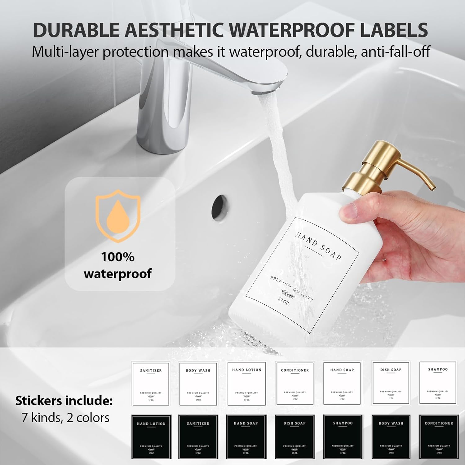 Gold Soap Dispenser Set, Glass Hand and Dish Soap Dispenser Set with Tray,Stainless Pump,14 Stickers for Kitchen Sink,Bathroom Soap and Lotion Dispenser,Modern Counter Decor (White Bottle/Gold Pump)