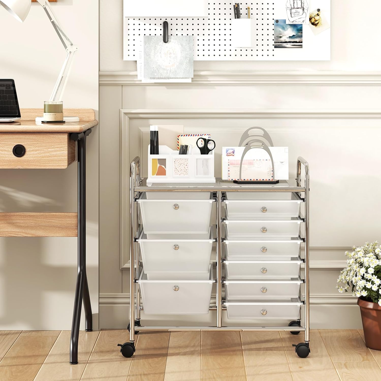 GOFLAME 9-Drawer Rolling Storage Cart, Mobile Utility Cart with Removable Drawers & Metal Frame, Art Craft Organizer Cart with Lockable Wheels, Storage Drawer Cart for Home Office, School, Clear