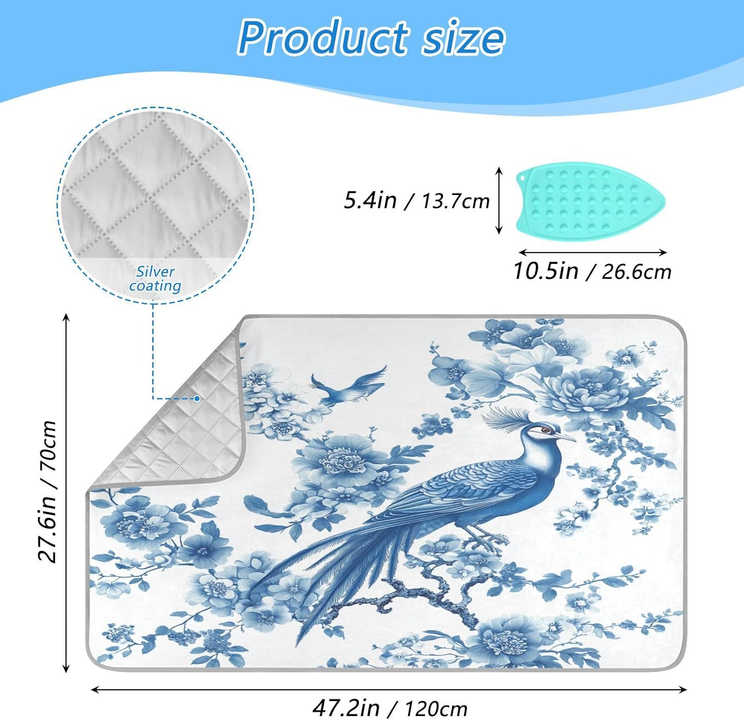 Chinoiserie Flower Peacock Ironing Mat Thickened Ironing Blanket Travel Portable Double-Side Using Ironing Pad Travel Isolate Heat Pad Cover for Washer Dryer Table Top Countertop 27.6x47.2in