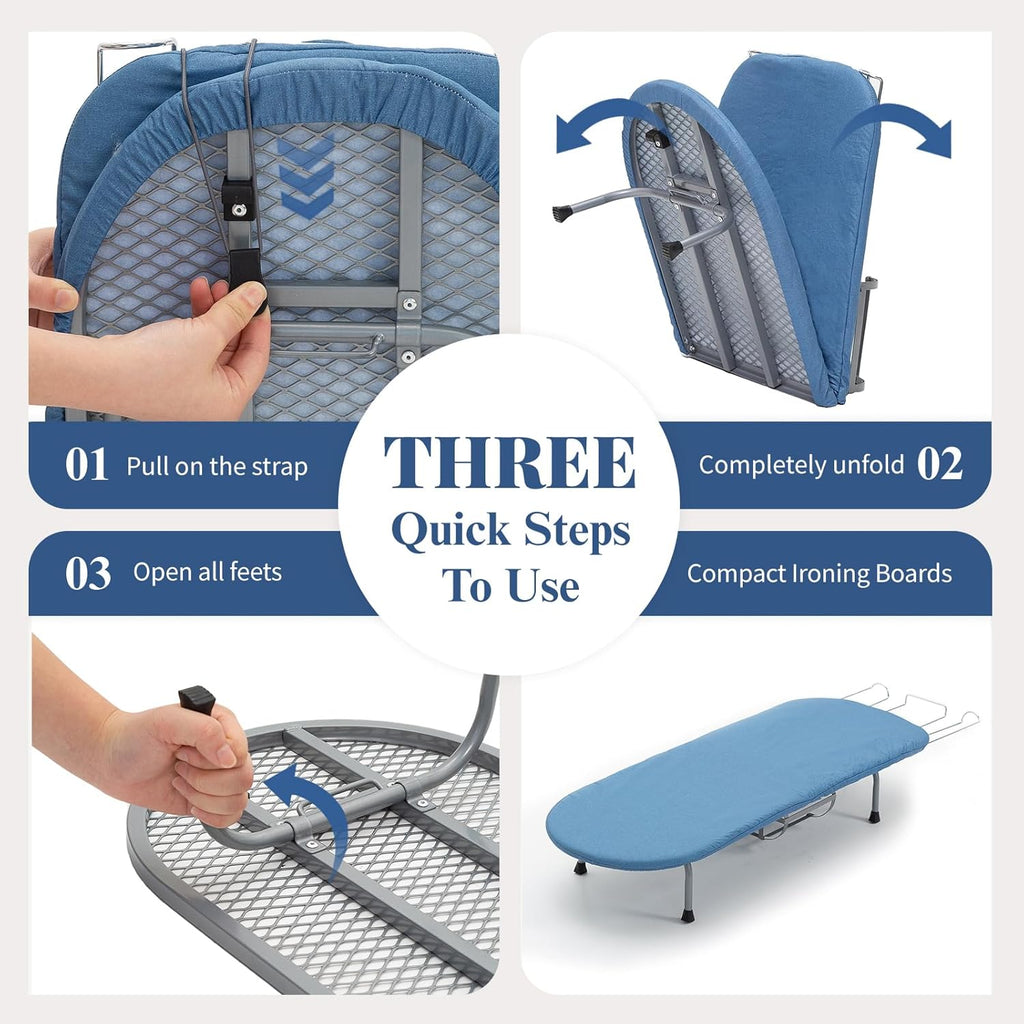 Metal Foldable Iron Board with Iron Holder, RAINHOL Small Ironing Board Tabletop with Heat Resistant Cover, 31x12 Mini Compact Ironing Table for Dorms, Aprtment, Blue