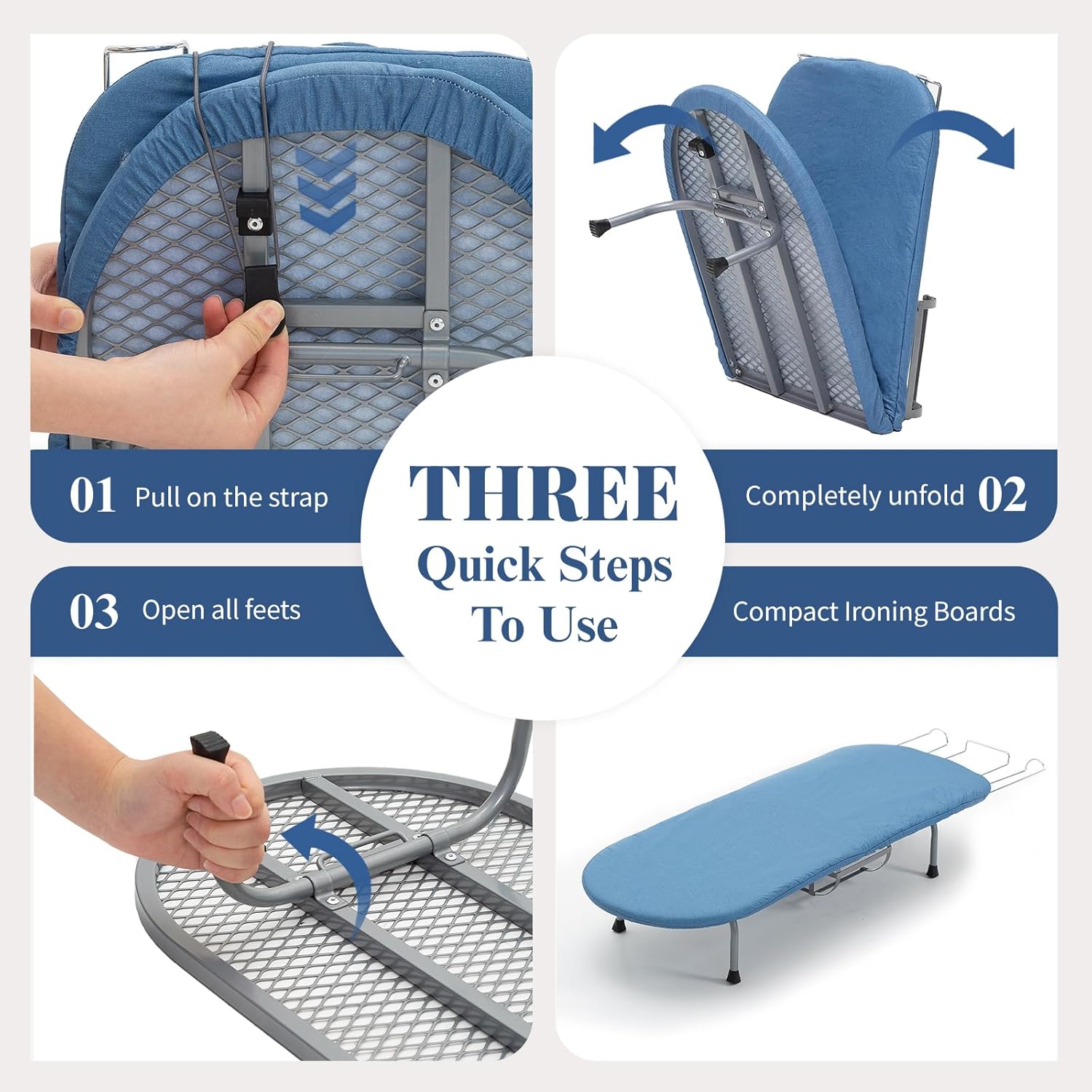 Metal Foldable Iron Board with Iron Holder, RAINHOL Small Ironing Board Tabletop with Heat Resistant Cover, 31x12 Mini Compact Ironing Table for Dorms, Aprtment, Blue