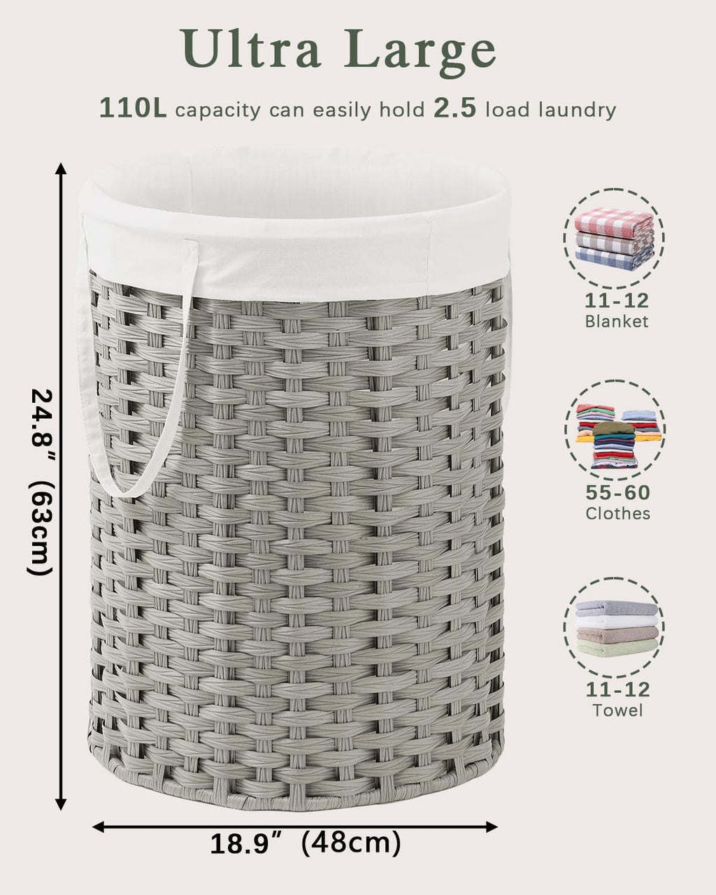Laundry Basket Round Rattan Laundry Hamper 29.1 Gal (110 L) Handwoven Large Wicker Basket with Handles, Wicker Hamper with Removable Bags and 2 Mesh Bags for Bathroom Living Room Gray