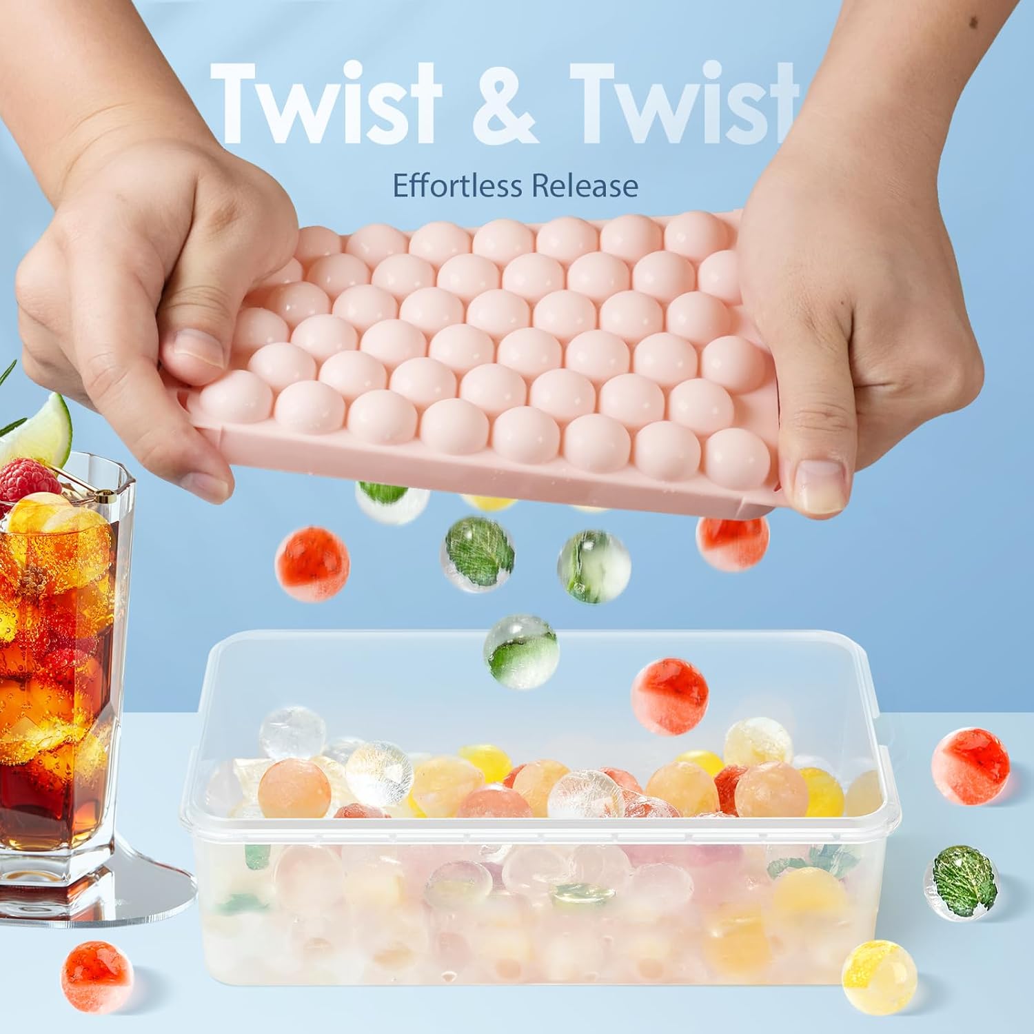 WIBIMEN Ice Cube Tray with Lid and Bin - Round Ice Trays for Freezer with Lid - Ice Cube Trays for Freezer with Ice Container (0.8"-2PACK Pink)
