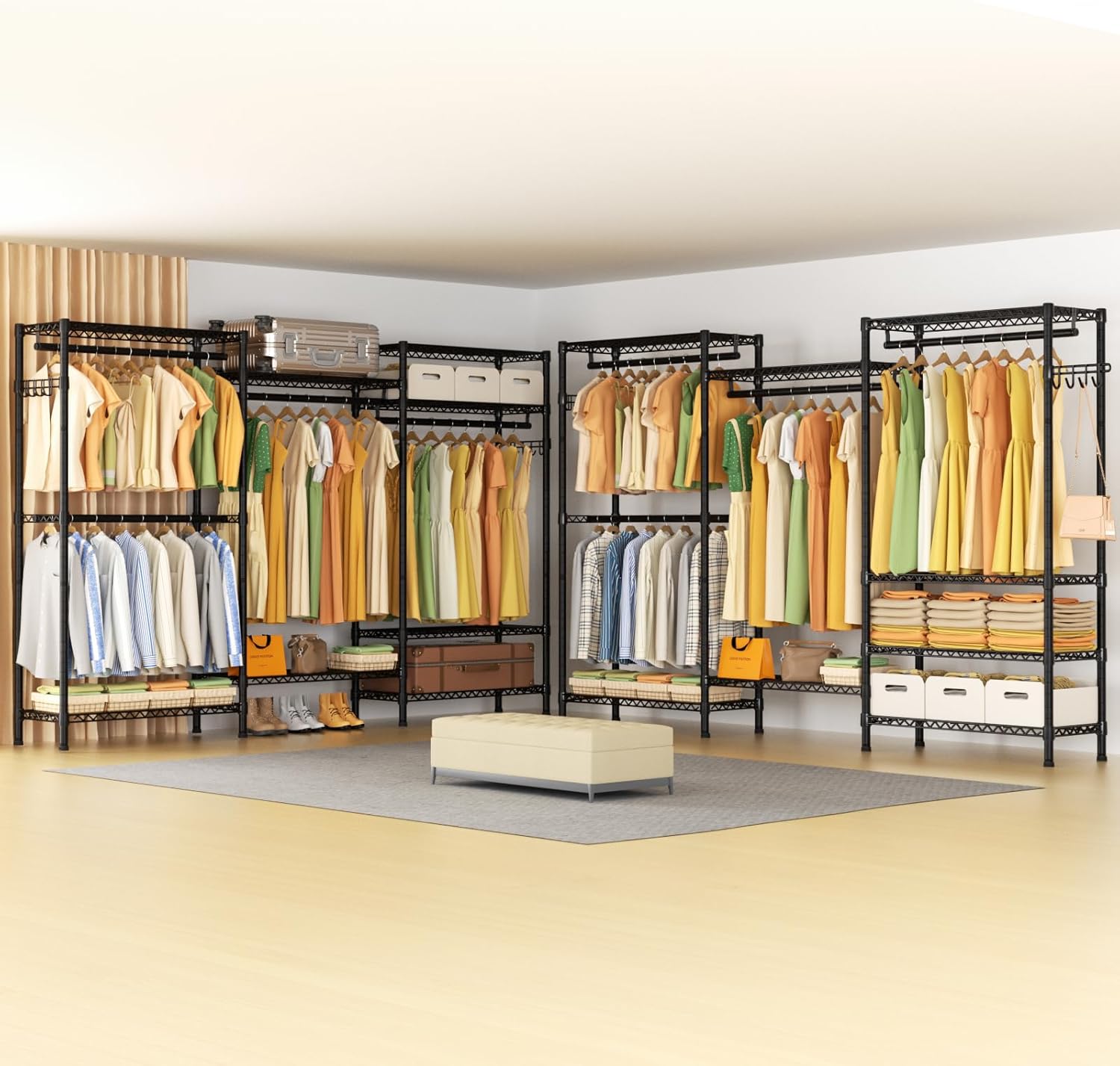 Heavy Duty Garment Rack Large Clothes Rack,Freestanding Closet Portable Clothing Rack with 8 Adjustable Wire Shelves and 4 Hang Rods,Metal Closet Storage Wardrobe Organizer System,Max Load 800lbs
