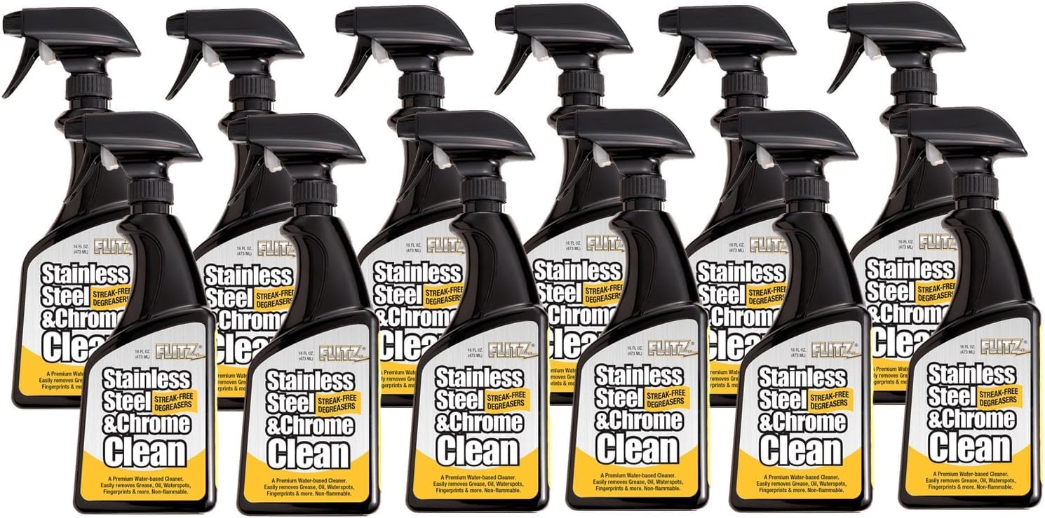 Flitz Stainless Steel & Chrome Clean - 16oz Bottle, USA-Made Stainless Steel Cleaner Spray for Appliances - Grill, Fridge, Sink Stain Remover - Also Works on Aluminum Surfaces (12 Pack)
