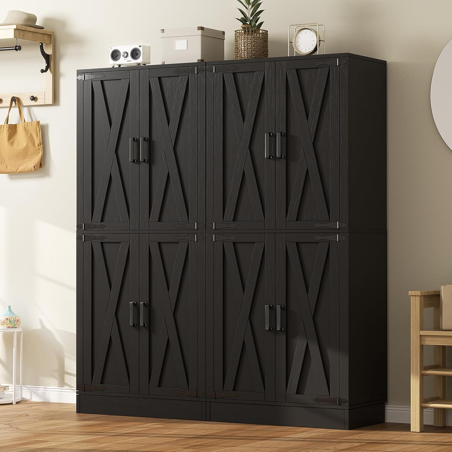 Unikito Kitchen Pantry Cabinet with Farmhouse Barn Doors and Storage Drawer, 8 Adjustable Shelves, Freestanding Tall 71" Cupboard for Dining Room, Living Room, Utility Room, Black 2 Pack