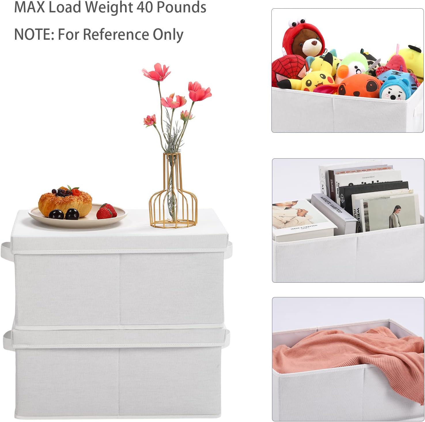 HOONEX Storage Bins with Lids for Organizing, Pack of 2, Storage Boxes with 2 Carrying Handles and Sturdy Heavy Cardboard, 16.5" L x 11.8" W x 7.5" H for Shoes, Books, Clothes, Nursery, White