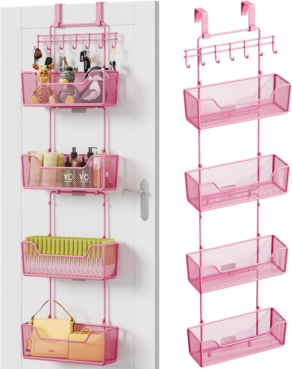 HapiRm Over Door Organizer Storage - Hanging Door Organizer with 4 Metal Large Capacity Baskets and Adjustable Coat Hook for Bathroom Bedroom Kitchen Pantry Closet Cabinet