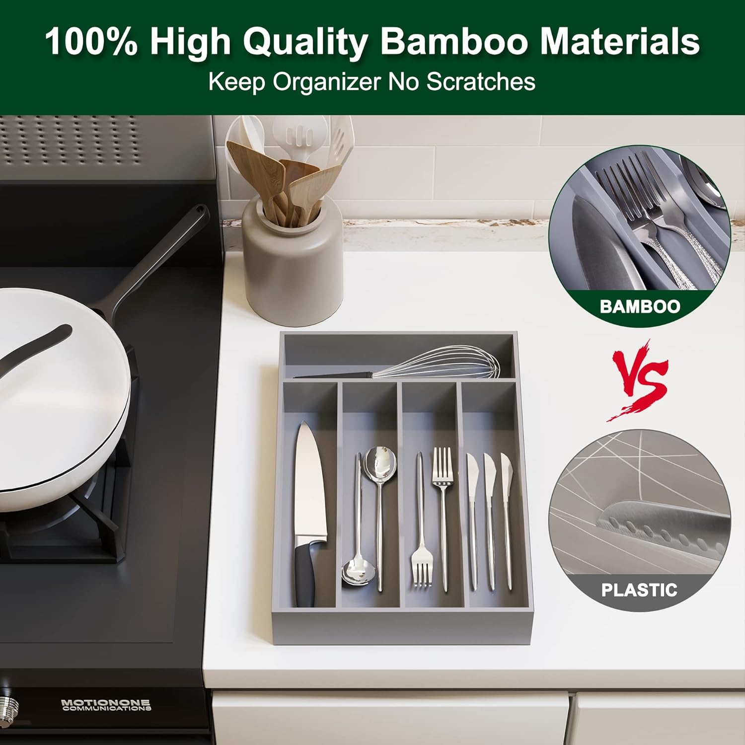 Bellsal Grey Utensil Organizer 10 Inch Silverware Tray for Drawer Utensil Holder Cutlery Organizer Kitchen Drawer Organizer 5 Compartment Small Narrow Bamboo