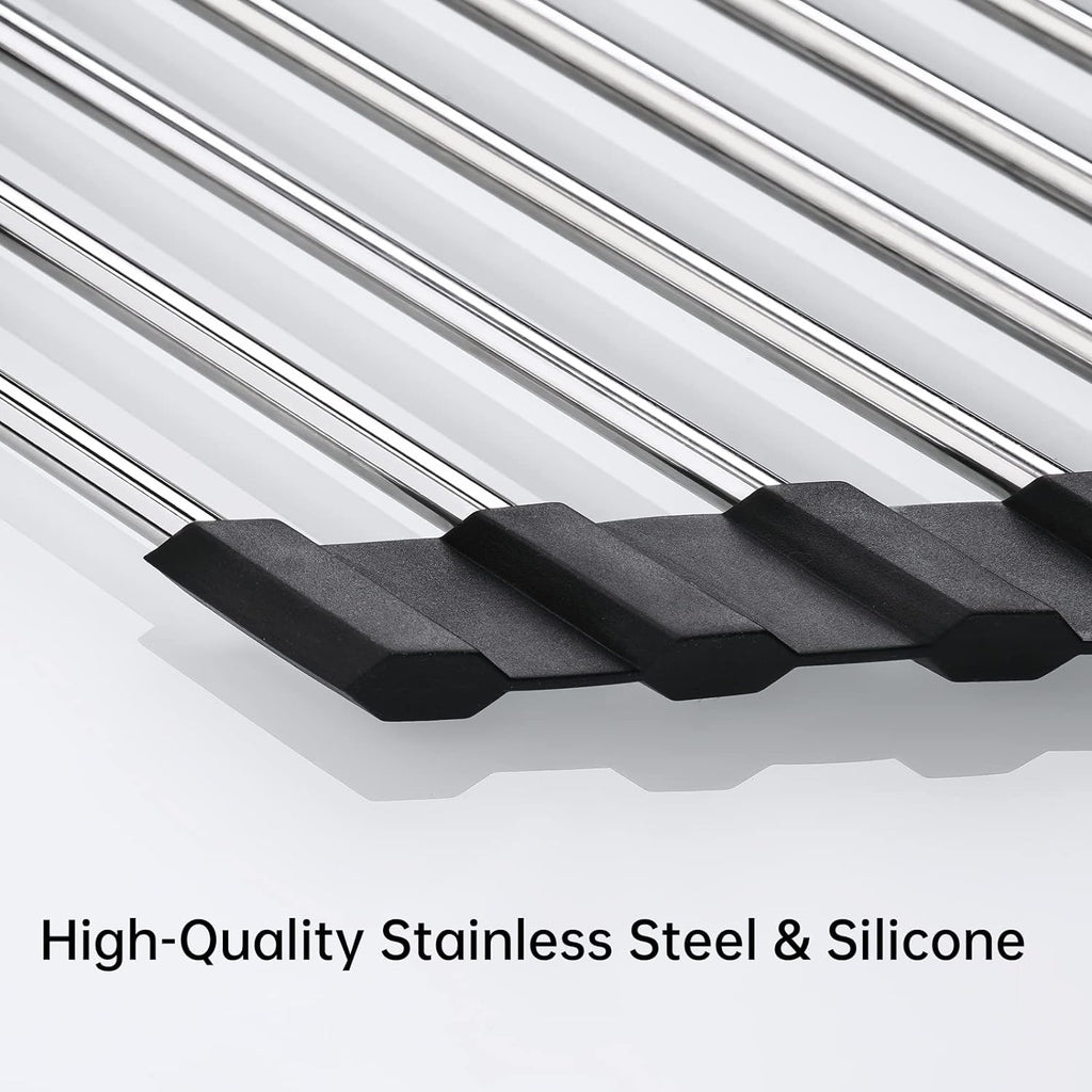 Tomorotec Foldable Stainless Steel Triangle Roll-Up Dish Drying Rack for Small Sink Corners - Over-The-Sink Multipurpose Kitchen Drainer, Rustproof Organizer, Trivet and Shelf - Space-Saving (Black)