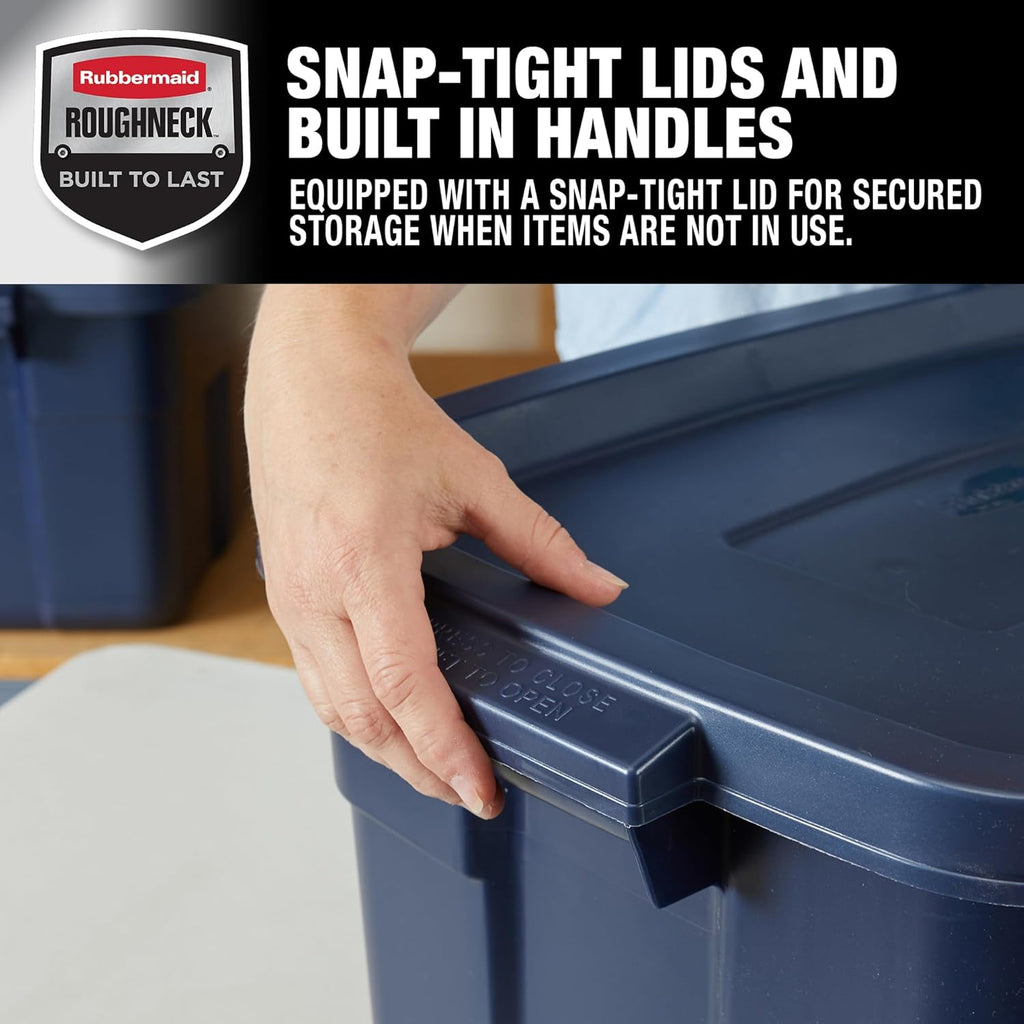 Rubbermaid Roughneck Tote 14 Gal, 6 Pack, Made in USA, Dark Indigo Metallic, Rugged Plastic Stackable Storage Bins with Lids and Handles