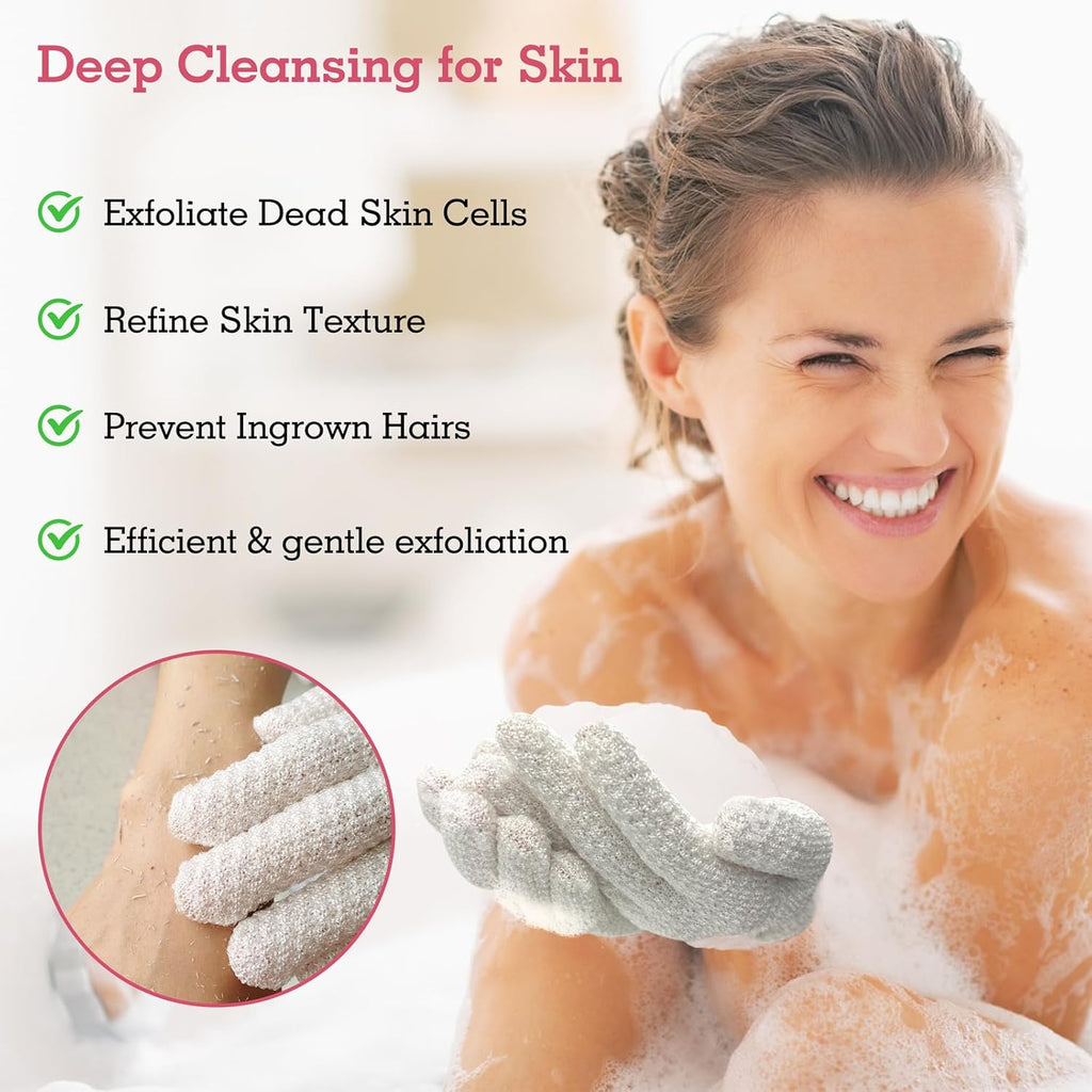 Evridwear Exfoliating Gloves for Shower, 100% Nylon Thick Soft Medium Heavy Bathing Gloves Dead Skin Remover Body Scrubber Smooth Skin with Hang Loop, 1 Pair Light White