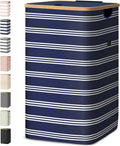 BALEINE Laundry Hamper with Lid, Tall Laundry Baskets with Bamboo Pull Handles, Large Laundry Bin with Internal Support (26 Gal/100L, Blue Pinstripe)
