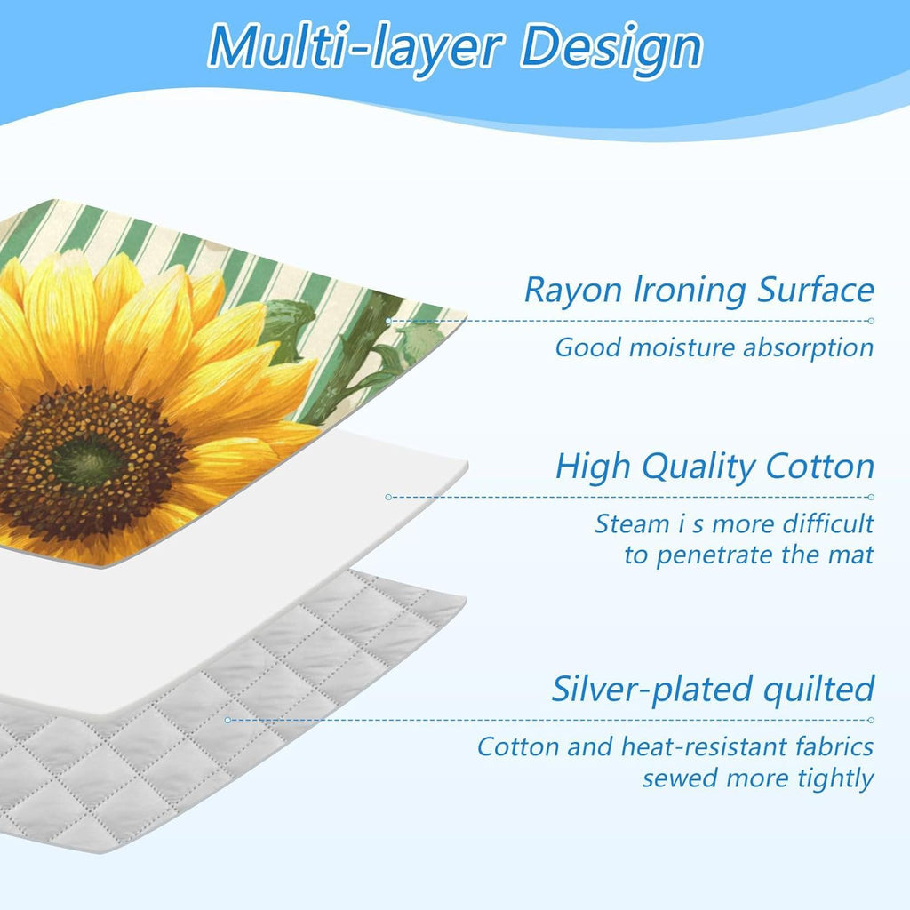 Green Striped Sunflowers and Bees Ironing Mat for Table top Portable Ironing Pad Blanket for Washer Dryer Countertop Travel