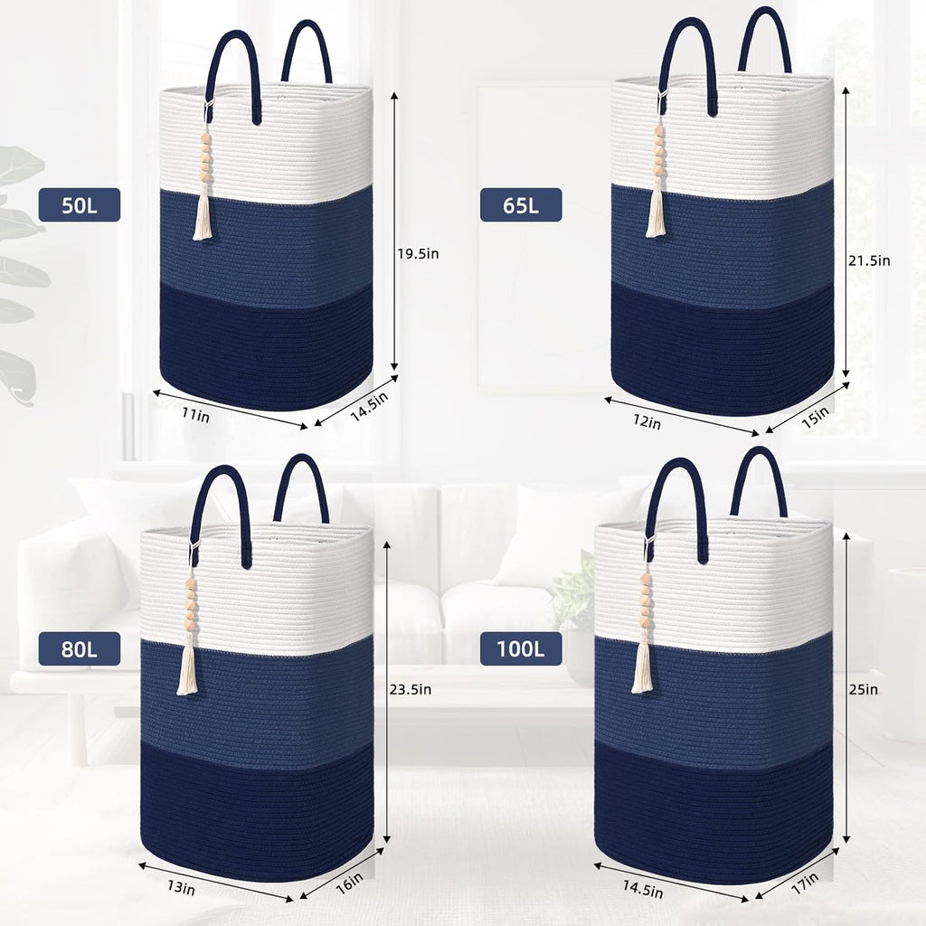 Woven Laundry Basket for Clothes,65 L Large Rectangle Laundry Hampers with Beads Tassel, Nursery Storage Basket for Toys, Tall Dirty Clothes Hamper for Bedroom Aesthetic, Laundry Room Organization