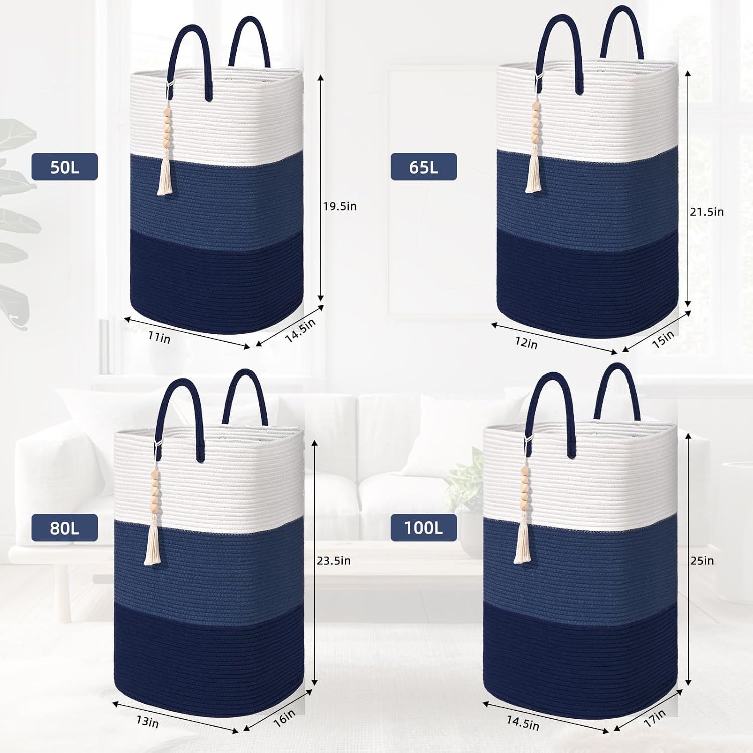 Woven Laundry Basket for Clothes,65 L Large Rectangle Laundry Hampers with Beads Tassel, Nursery Storage Basket for Toys, Tall Dirty Clothes Hamper for Bedroom Aesthetic, Laundry Room Organization