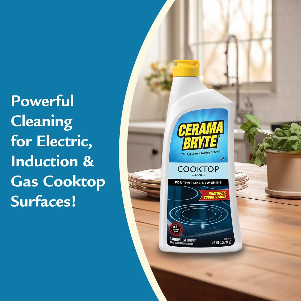 Cerama Bryte Glass Cooktop and Stove Top Cleaner Combo Kit - Includes Cleaning Tool, Razor, Scraper and 1 Pad to Remove Tough Stains - Use on Gas, Electric, Ceramic Surfaces, 18 Ounces, 4 Piece