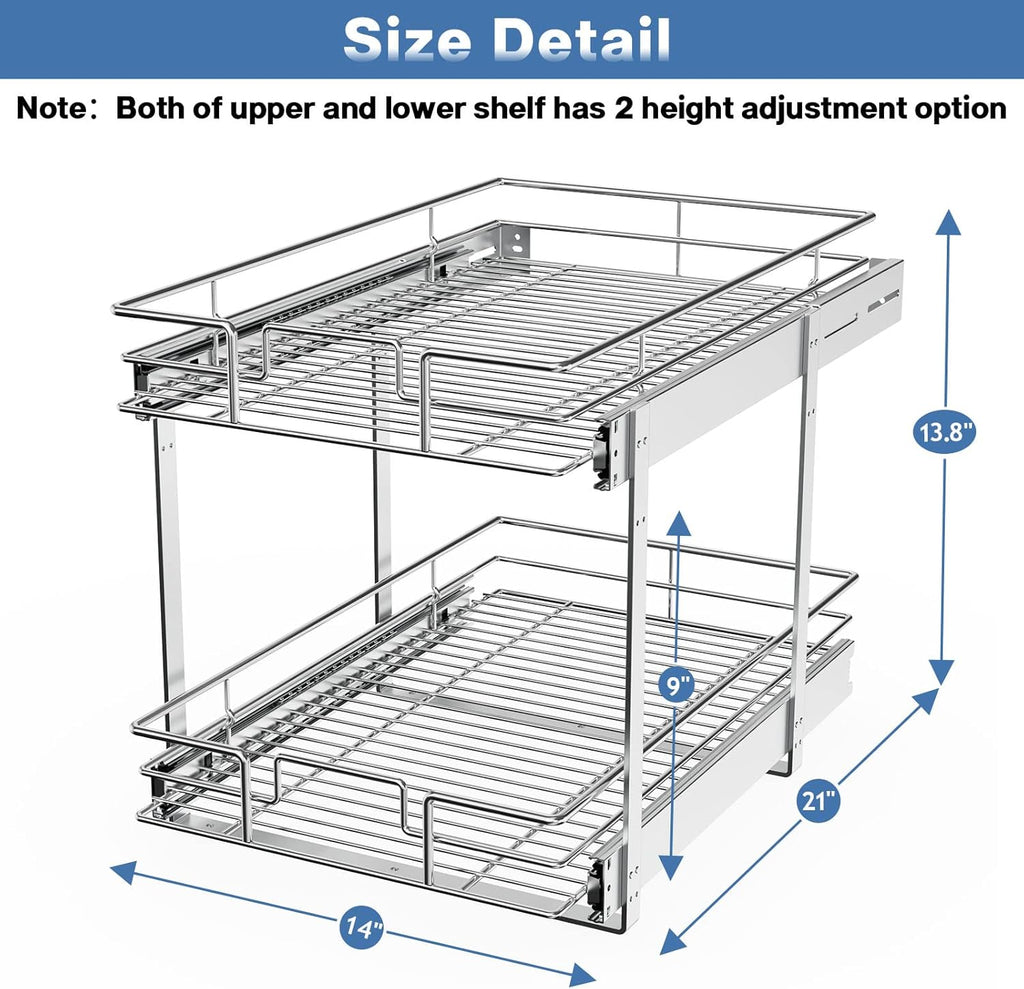 LOVMOR 2 Tier Individual Pull Out Cabinet Organizer 14" W x 21" D, Slide Out Kitchen Cabinet Storage Sliding Shelves