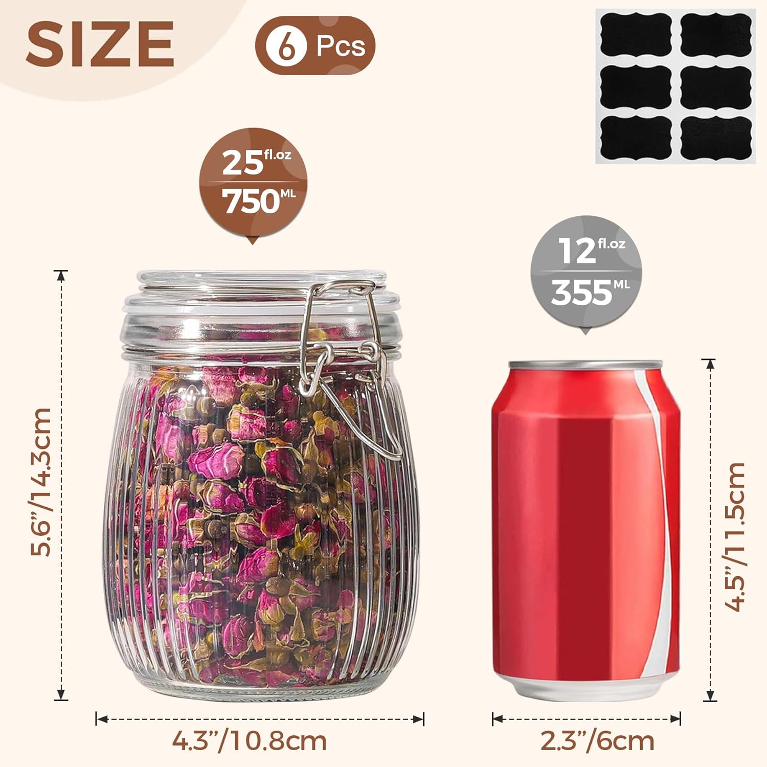 ComSaf Airtight Glass jar with lid 26oz Set of 6, Glass Storage Containers with Lids, Glass Canister, Mason Jars, Striped Clip Fastening Jar for Kitchen Canning, Oat, Coffee, Pasta, Snack, Nut, Candy