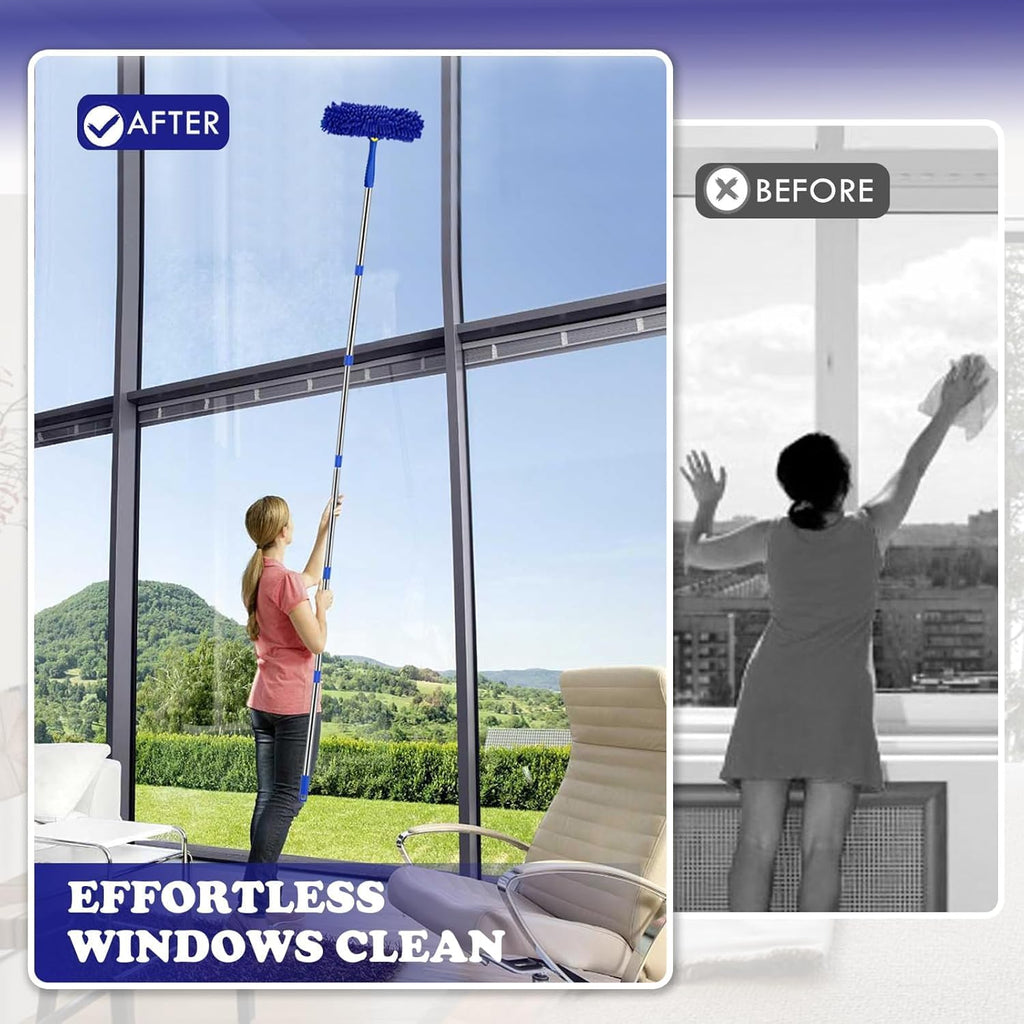 Window Squeegee Cleaner Tool Set,3-in-1 Window Cleaning Kit with 94" Long Extension Pole,Rotatable Bendable Window Washing Kit with 2 Blade 2 Scrubber for Home Car Glass Window Cleaning (11Pcs,Blue)