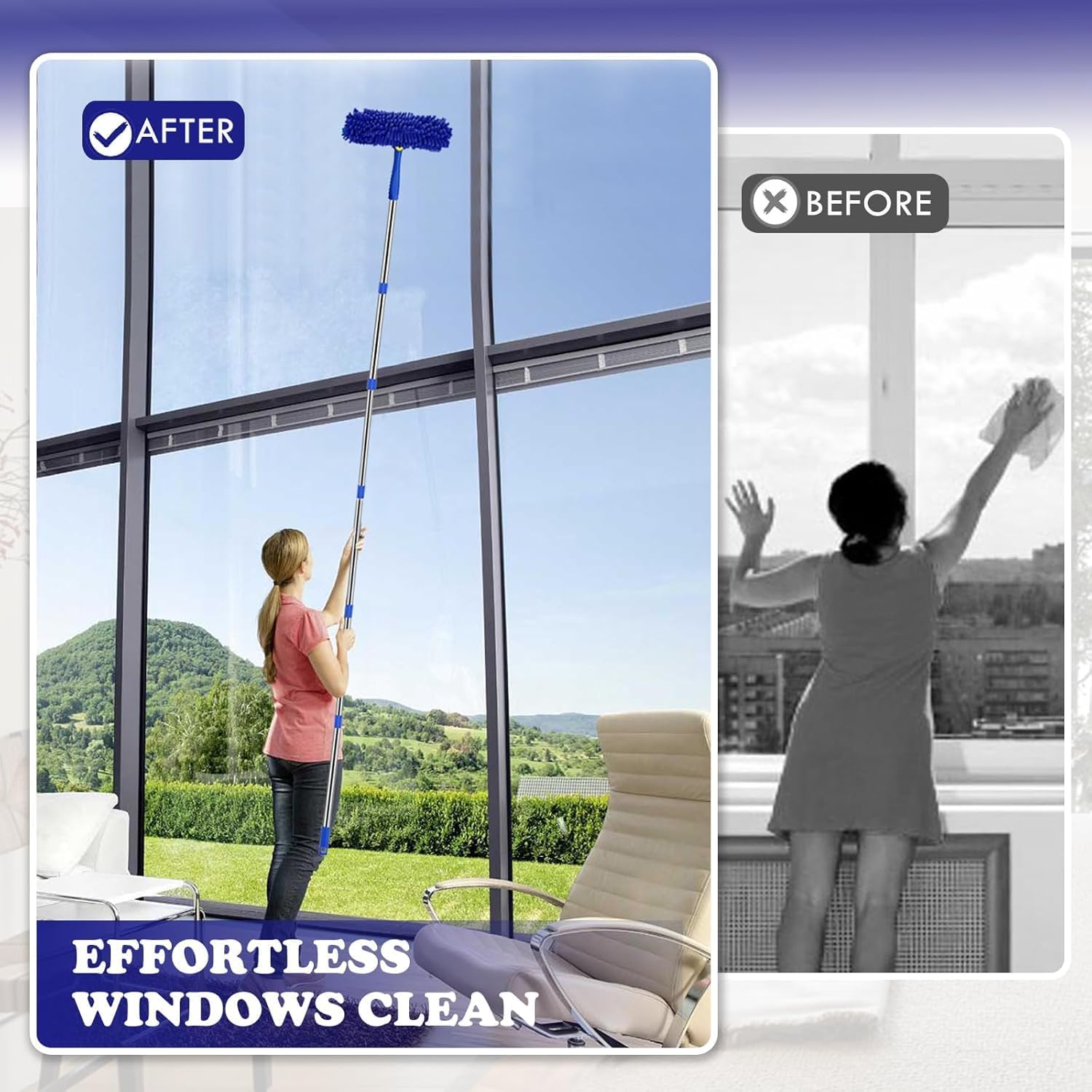 Window Squeegee Cleaner Tool Set,3-in-1 Window Cleaning Kit with 94" Long Extension Pole,Rotatable Bendable Window Washing Kit with 2 Blade 2 Scrubber for Home Car Glass Window Cleaning (11Pcs,Blue)