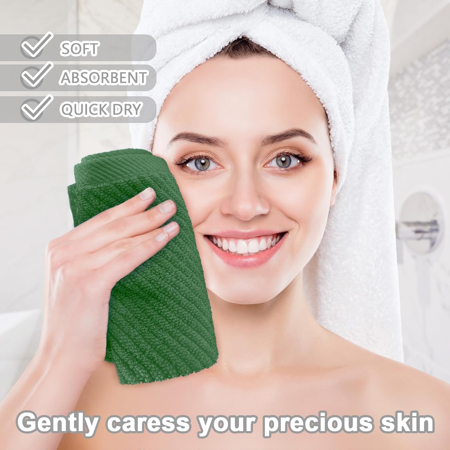 VOOVA & MOVAS Green Washcloths, 6PC Hand Towels 13" x13" - 100% Cotton | Thick | Quick Dry | Lightweight, Wash Cloths for Your Face, Bathroom Essentials, Hunter Green