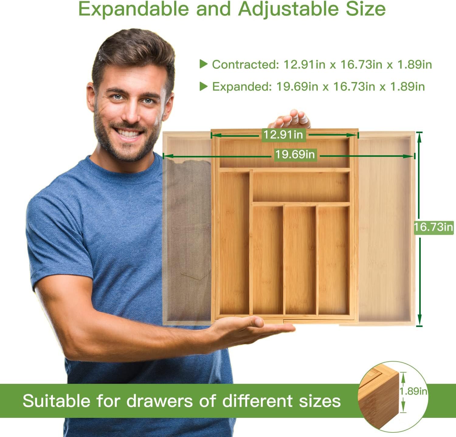 Pipishell Bamboo Silverware Organizer, Expandable Cutlery Tray, Utensil Drawer Organizer in Kitchen for Spoons Forks Knives, Multipurpose Use, Natural, Large