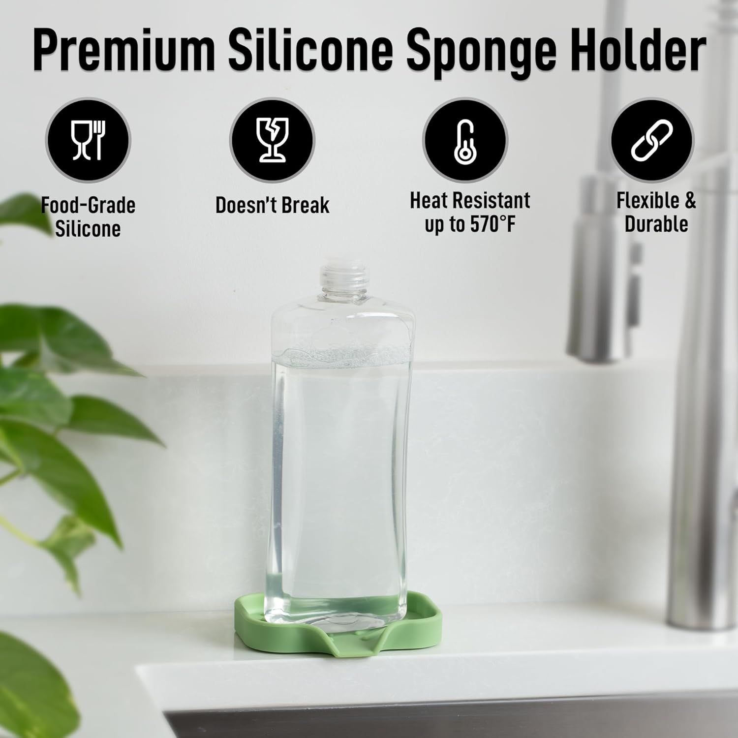 Zulay Kitchen Small Silicone Sponge Holder (4.9x3.3”) – Space-Saving Sink Organizer Tray for Sponge, Soap, Brush & More – Compact Non-Slip Dish for Kitchen & Bathroom (Jade Green)