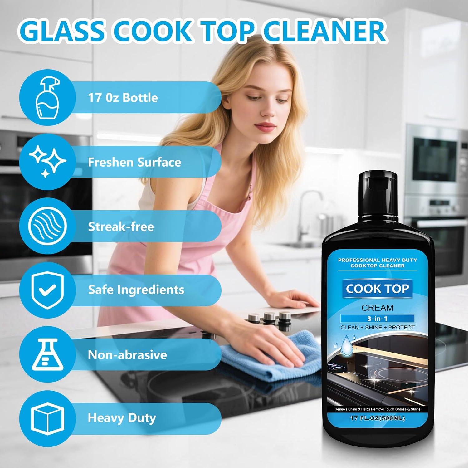 Cooktop and Stove Top Cleaner Kit, Glass Cooktop Cleaner Combo Kit with Razor, Scraper, Scrubbing Pad Removes Tough Stains, Stovetop Cleaner for Glass and Ceramic Surfaces，34OZ