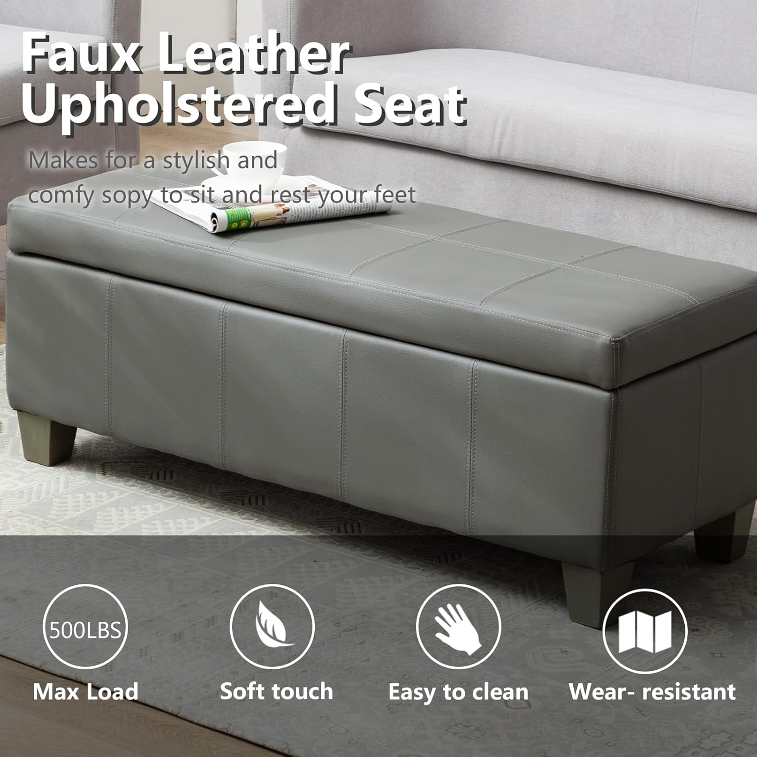 Grey Faux Leather Ottoman with Storage, Rectangular Extra Long Storage Bench for Bedroom and Living Room