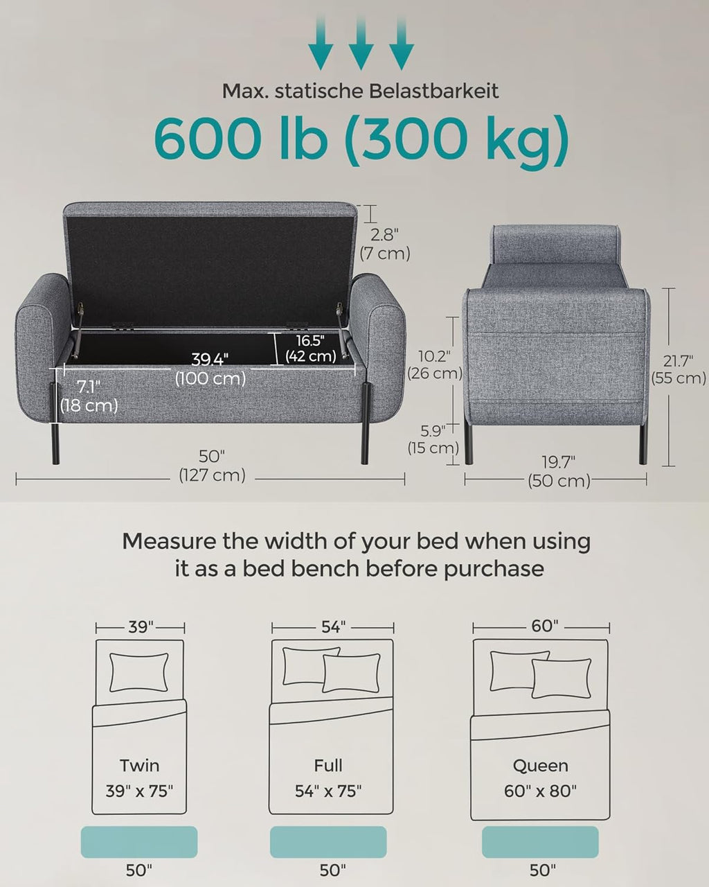 SONGMICS Storage Bench with Armrests, Ottoman for Living Room, Bedroom, Entryway, Steel Legs, Light Gray ULOM072G02