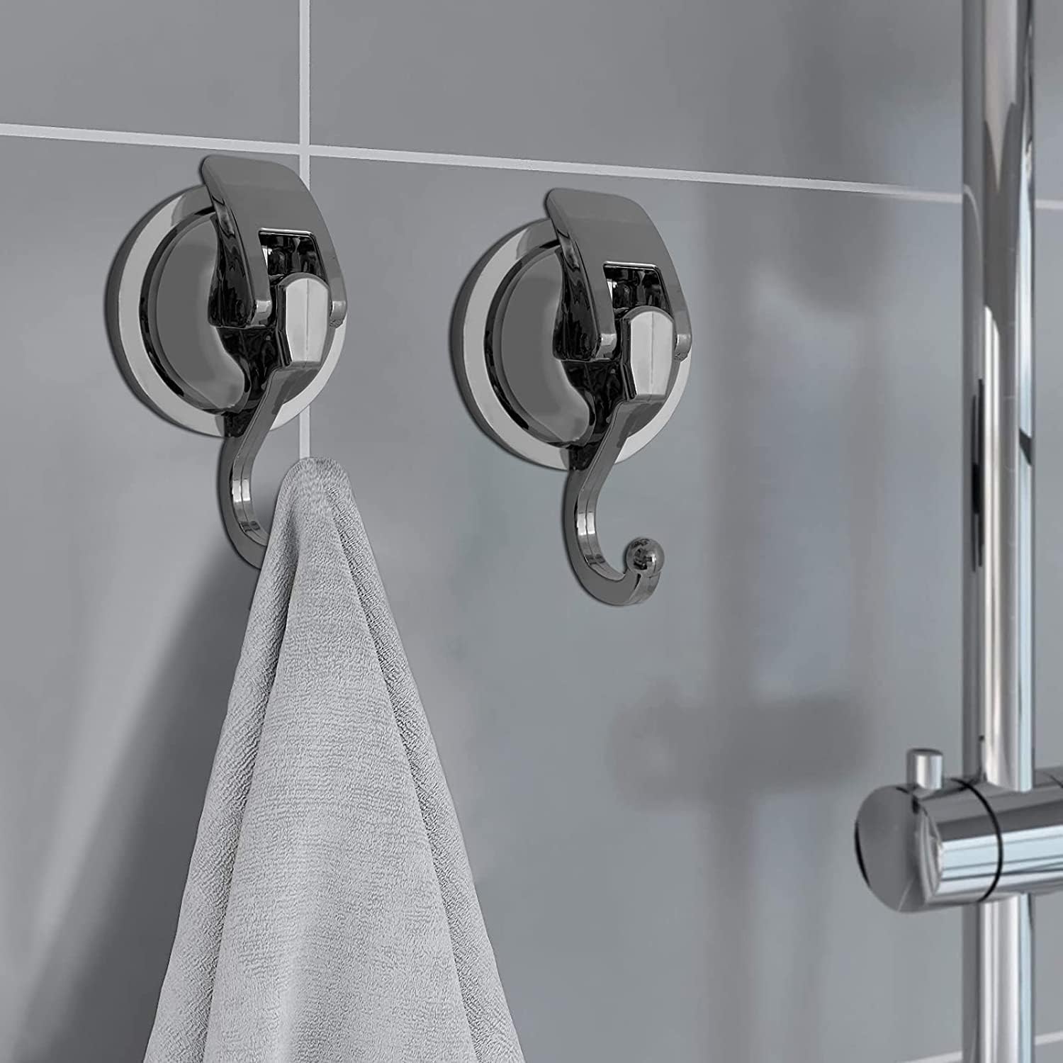 Heavy Duty Vacuum Suction Shower Hooks - Glass Suction Cup Hooks, Bathroom Robe Hooks, Reusable, No Hole Punched, for Garland Decoration (Silver Grey, 4 Pack)