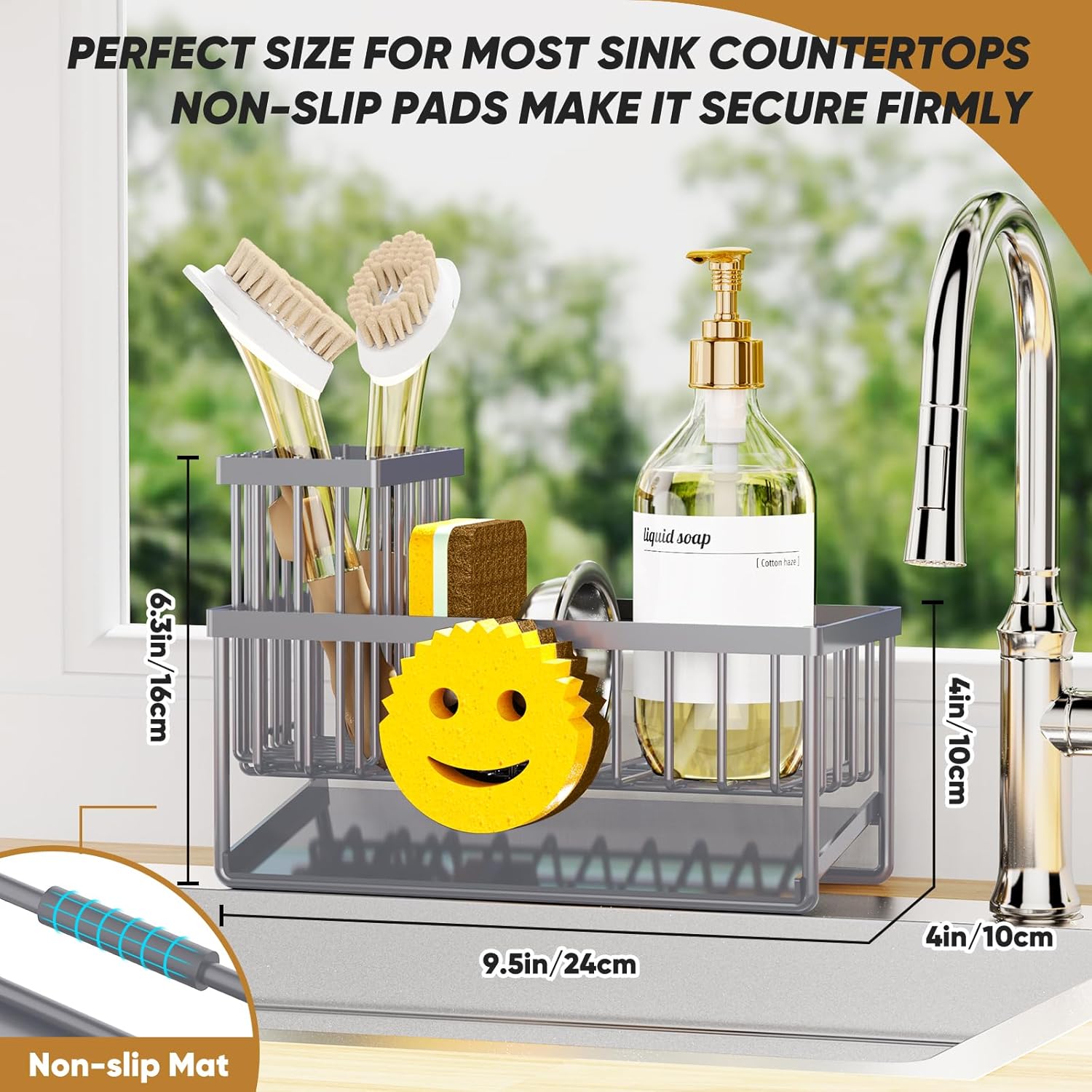 Sponge Holder for Kitchen Sink,Smiley Face Sink Caddy with Removable Brush Holder,Self-Draining Sponge Caddy for Soap,Dish Brush,Scrubber,Kitchen Essentials and Gadgets-Gray