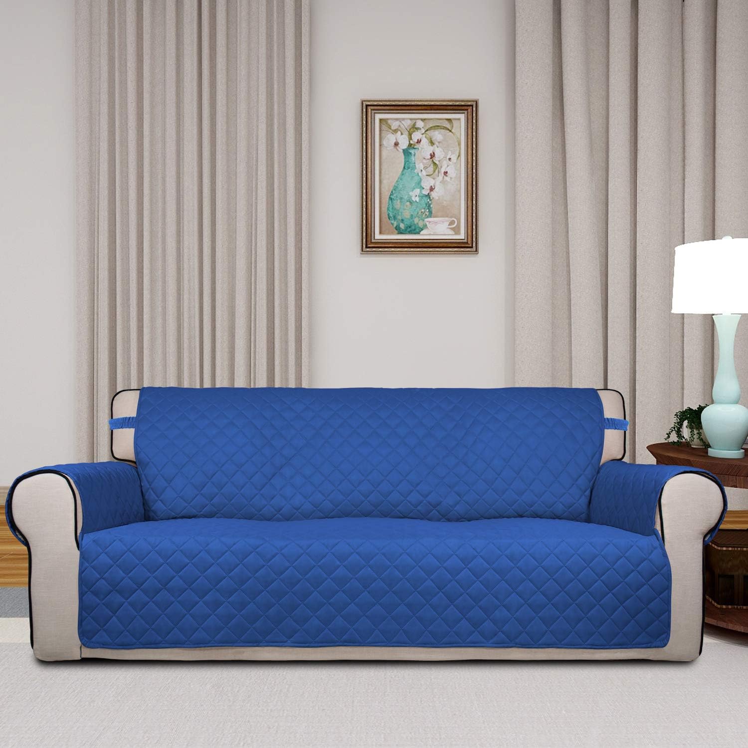 PureFit Reversible Quilted Sofa Cover, Water Resistant Slipcover Furniture Protector, Washable Couch Cover with Non Slip Foam and Elastic Straps for Kids, Pets (X Large, Classic Blue/Ivory)