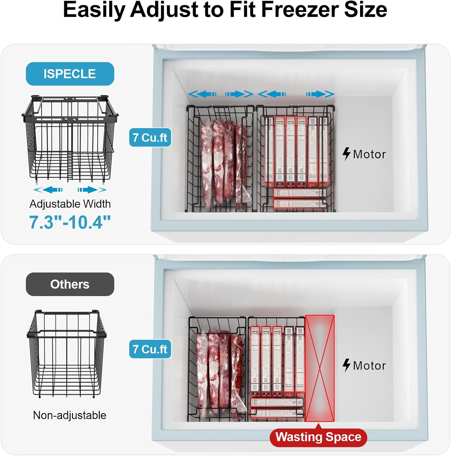 iSPECLE Freezer Organizer Bins - 2 Pcs Hanging Baskets for Deep Freezer, Adjustable Wider & Deeper Chest Freezer Organizer Bins for 5 to 9 Cu Ft, Extra Large & Easy Organize, Black