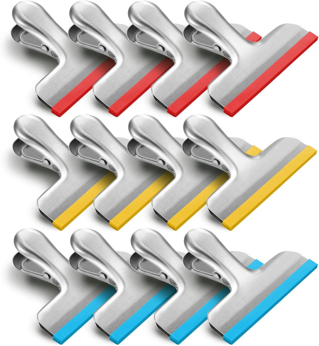 HOUSE AGAIN 12 Pack Stainless Steel Chip Bag Clips Covered with Silicone - NO More Sharp Edges - Color Coded for Food Bags - Air Tight Seal, Heavy Duty for Kitchen and Office, 3 Inches