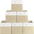13 x 13 Inch Fine Linen Storage Bins with Handles，Fabric Cube Boxs，Collapsible Basket Organizers for Shelves for Home, Closet Drawers (White/Khaki-6 Pack)