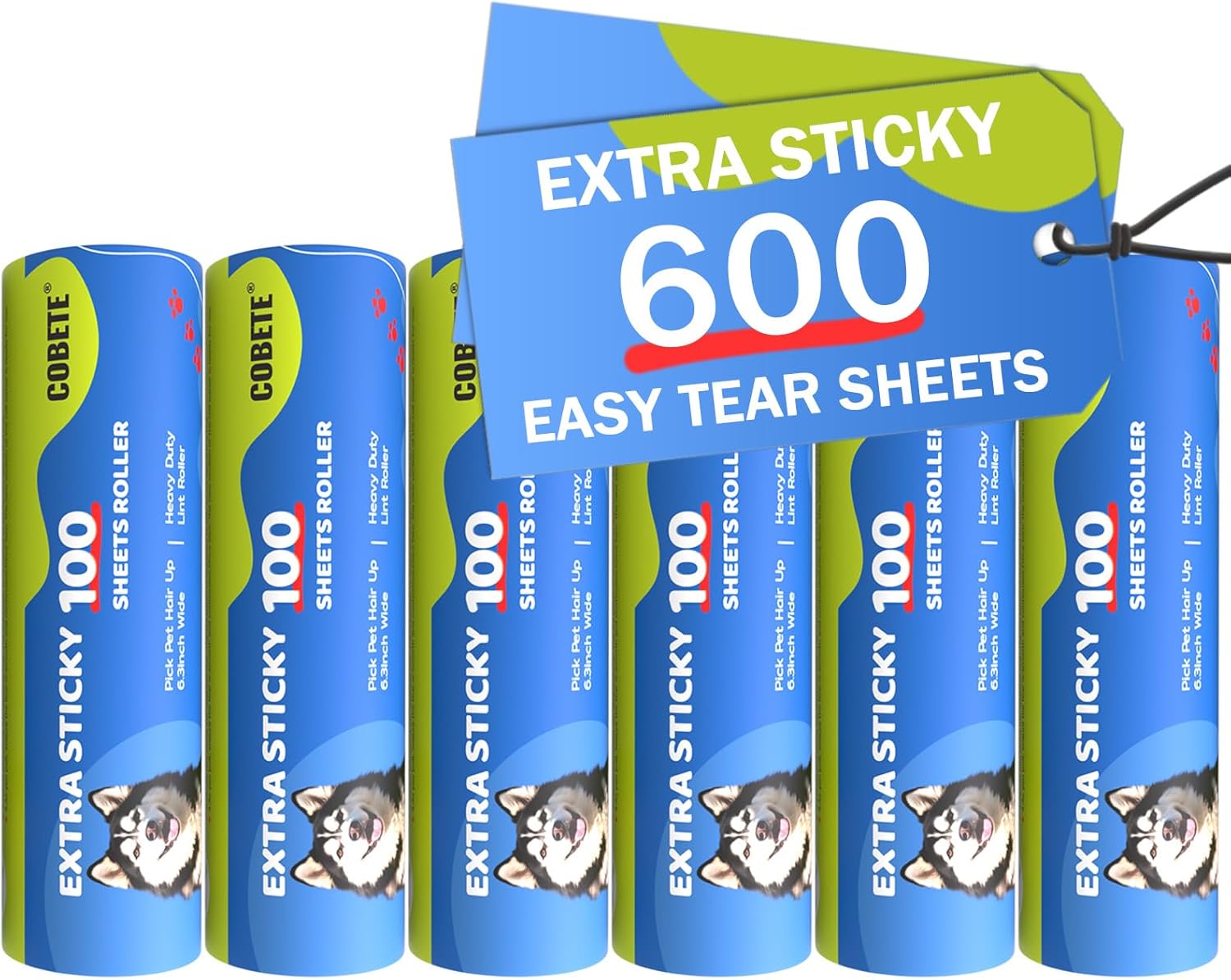 COBETE 6 Rollers Total 600 Sheets Extra Sticky Lint Roller Refills, for 6.3" Dog and Cat Lint Remover for Clothes, Couch, Furniture