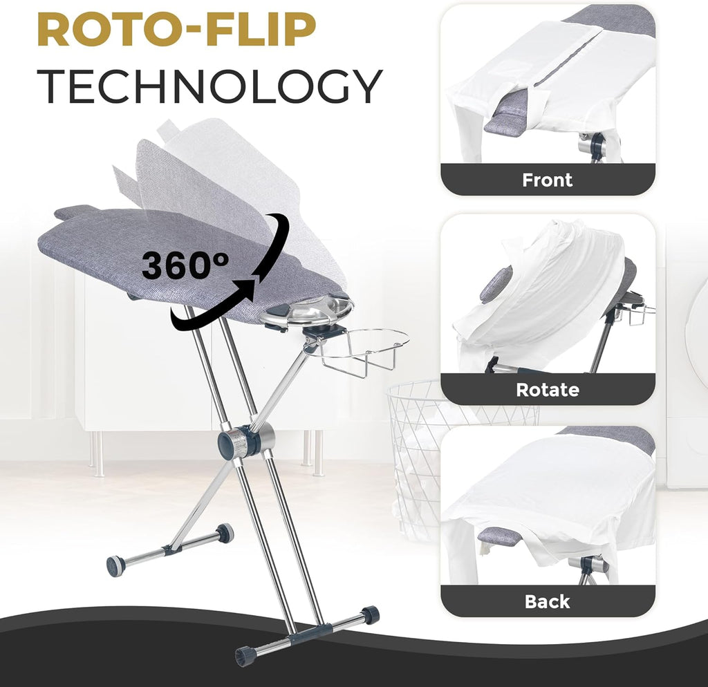 Dazzl 360° Dual-Sided Iron Board - Torso-Shaped Ironing Board Full Size with 8-Level Adjustable Height, Rotatable & Detachable Iron Holder, Garment Clips - HDPE Heat-Resistant Surface