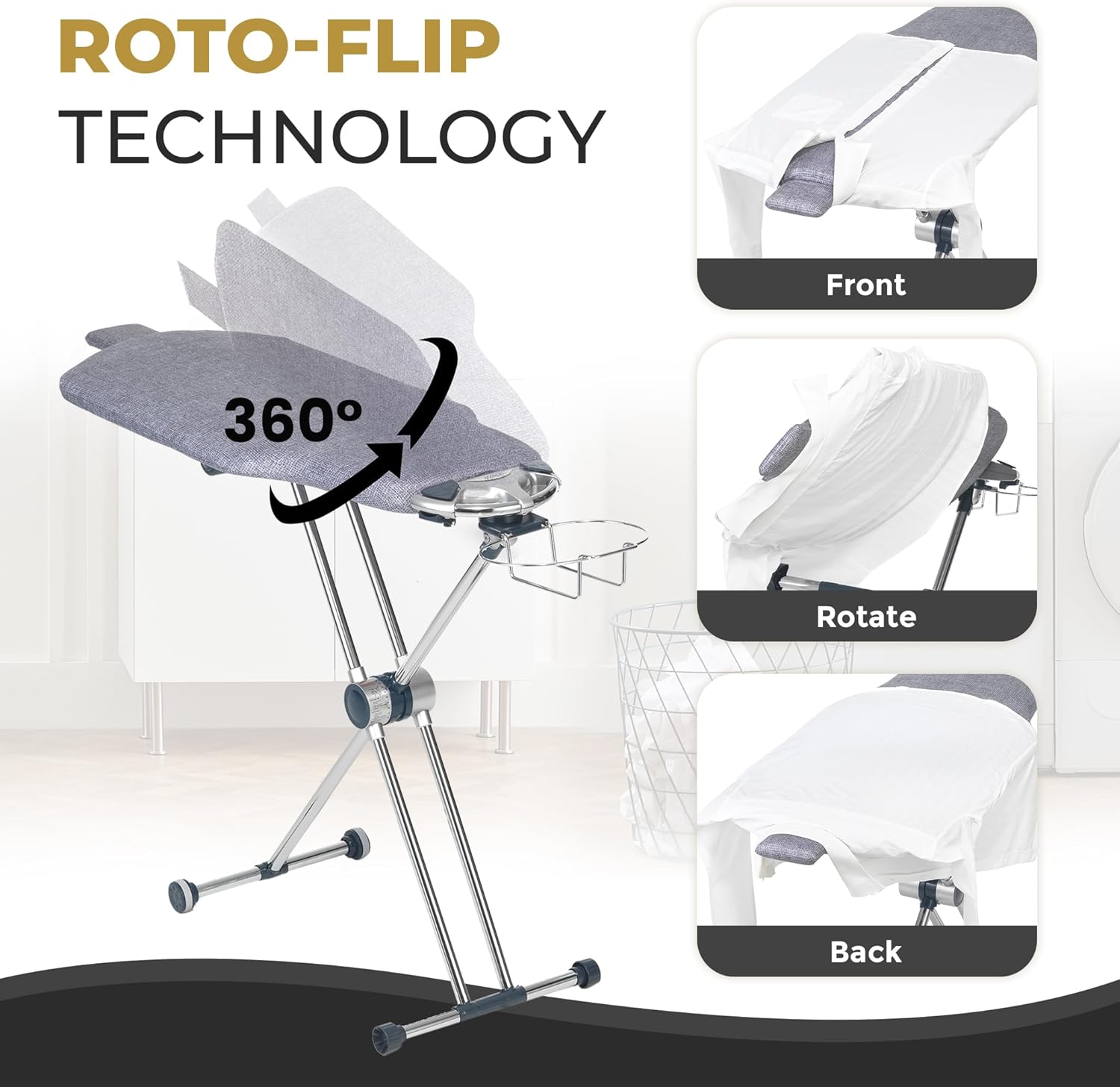 Dazzl 360° Dual-Sided Iron Board - Torso-Shaped Ironing Board Full Size with 8-Level Adjustable Height, Rotatable & Detachable Iron Holder, Garment Clips - HDPE Heat-Resistant Surface