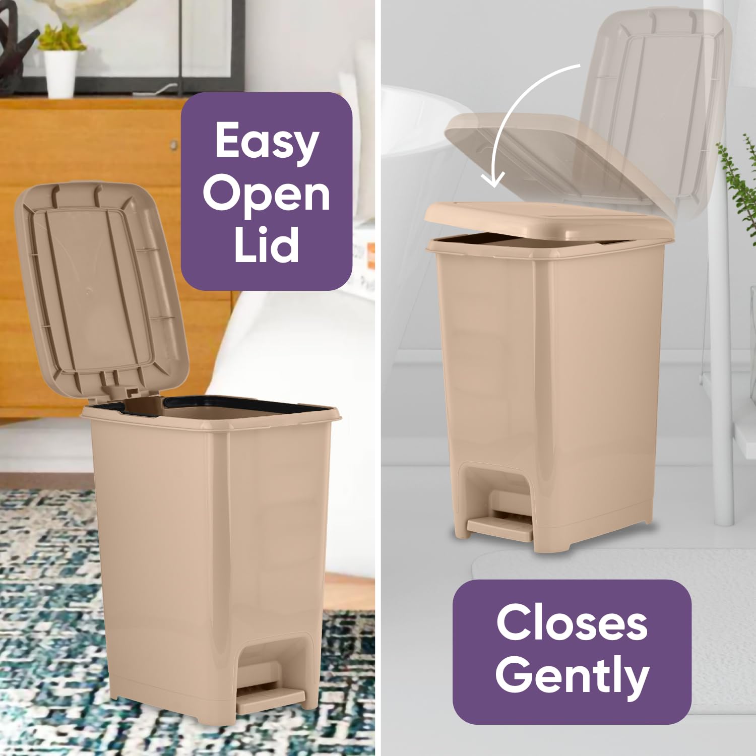 Superio Slim Step On Trash Can, Beige Waste Bin with Foot Pedal Lid 26 Liter, Kitchen, Under Desk, Office, Bedroom, Bathroom (1, 6.5 Gallon)